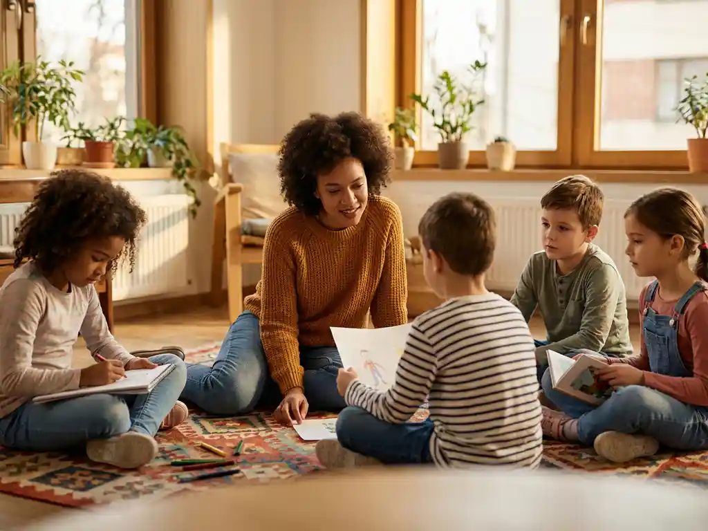 Pädagogin sitzt mit Kindern im Kreis auf buntem Teppich in moderner Jugendhilfeeinrichtung bei warmem Sonnenlicht