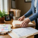 Sozialarbeiterin überprüft Akten an Holzschreibtisch mit Kinderzeichnungen, Familienfotos und Topfpflanze im warmen Bürolicht