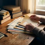 Sozialarbeiter organisiert Gehaltsdokumente und Zertifikate auf Holzschreibtisch mit Büchern, Taschenrechner und Stift