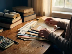 Sozialarbeiter organisiert Gehaltsdokumente und Zertifikate auf Holzschreibtisch mit Büchern, Taschenrechner und Stift