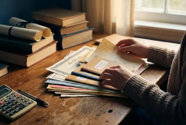 Sozialarbeiter organisiert Gehaltsdokumente und Zertifikate auf Holzschreibtisch mit Büchern, Taschenrechner und Stift