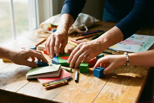 Sozialarbeiter und Jugendlicher ordnen gemeinsam bunte Holzbausteine und Bastelmaterial auf warmem Holztisch