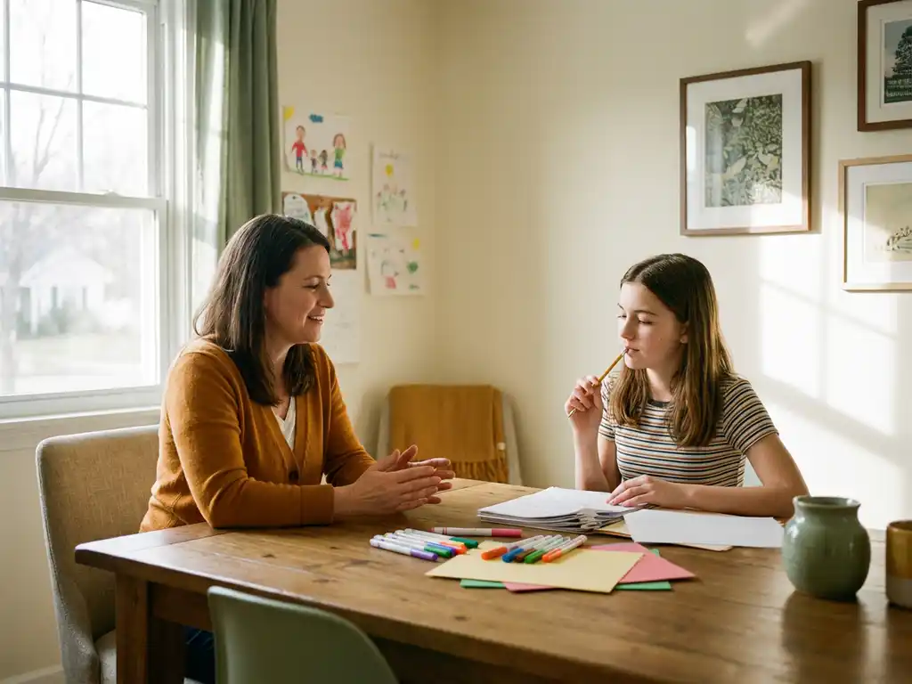 Sozialarbeiterin im Gespräch mit Jugendlicher an Holztisch in hellem Büro mit Dokumenten und Kunstmaterialien