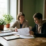 Sozialarbeiterin im Gespräch mit Jugendlichem an Holztisch mit Qualifikationszertifikaten in modernem Jugendzentrum