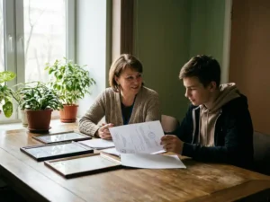 Sozialarbeiterin im Gespräch mit Jugendlichem an Holztisch mit Qualifikationszertifikaten in modernem Jugendzentrum