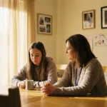 Sozialarbeiterin im Gespräch mit nachdenklicher Jugendlicher am Holztisch in warmem Wohnzimmer mit Familienfotos