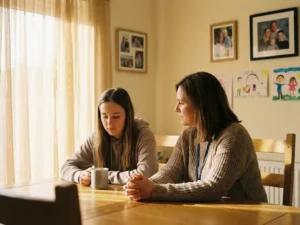 Sozialarbeiterin im Gespräch mit nachdenklicher Jugendlicher am Holztisch in warmem Wohnzimmer mit Familienfotos