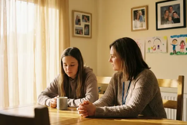 Sozialarbeiterin im Gespräch mit nachdenklicher Jugendlicher am Holztisch in warmem Wohnzimmer mit Familienfotos