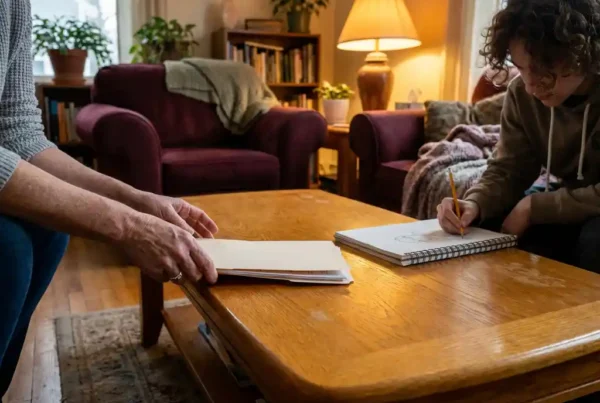 Sozialarbeiter legt Dokumente auf Holztisch während Jugendlicher in Wohngruppe in Kunstheft zeichnet