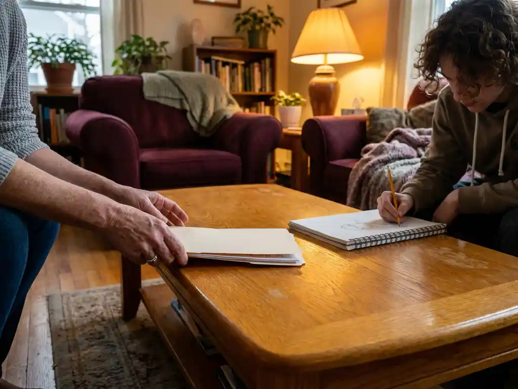 Sozialarbeiter legt Dokumente auf Holztisch während Jugendlicher in Wohngruppe in Kunstheft zeichnet