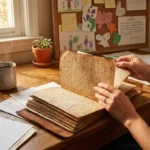 Sozialarbeiter blättert durch handgeschriebenes Tagebuch am Holzschreibtisch mit Kinderzeichnungen, Kaffeetasse und Sukkulente