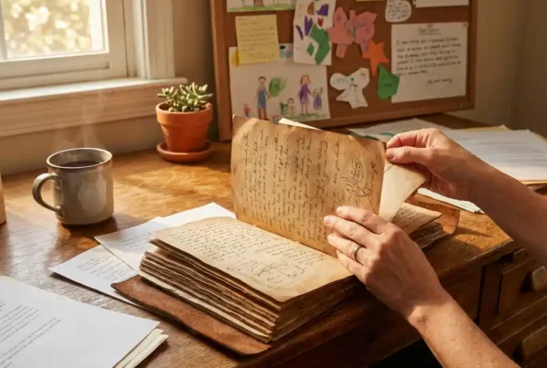 Sozialarbeiter blättert durch handgeschriebenes Tagebuch am Holzschreibtisch mit Kinderzeichnungen, Kaffeetasse und Sukkulente