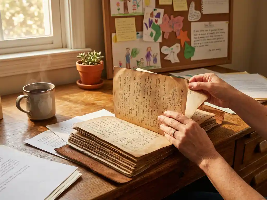 Sozialarbeiter blättert durch handgeschriebenes Tagebuch am Holzschreibtisch mit Kinderzeichnungen, Kaffeetasse und Sukkulente