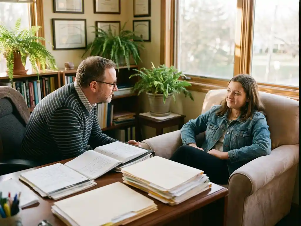 Sozialarbeiterin berät Teenagerin am Schreibtisch mit Dokumenten in hellem Beratungsbüro mit Pflanzen und Zertifikaten