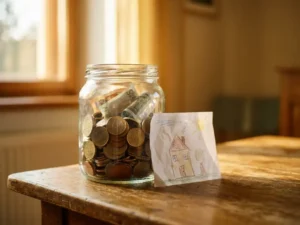Glasgefäß mit Euromünzen und Scheinen auf Holztisch, daneben kindliche Zeichnung, warmes Nachmittagslicht.