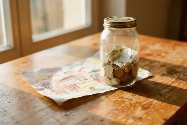 Verwittertes Glasglas halb gefüllt mit Münzen und Euro-Scheinen auf Holztisch, bunte Kinderzeichnung darunter, warmes Nachmittagslicht.