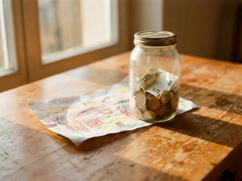 Verwittertes Glasglas halb gefüllt mit Münzen und Euro-Scheinen auf Holztisch, bunte Kinderzeichnung darunter, warmes Nachmittagslicht.