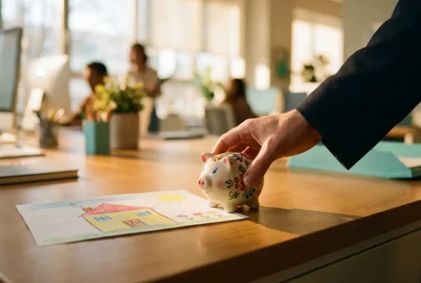 Erwachsenenhand platziert Sparschwein neben bunter Kinderzeichnung auf Holzschreibtisch im sonnendurchfluteten Büro.