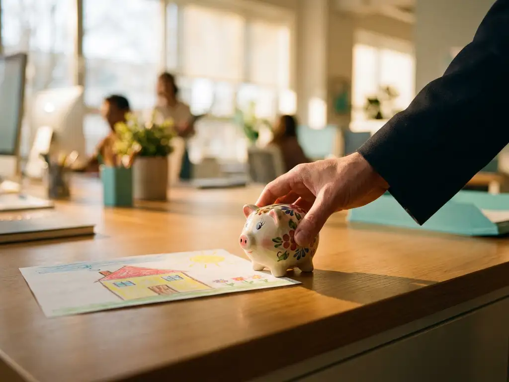 Erwachsenenhand platziert Sparschwein neben bunter Kinderzeichnung auf Holzschreibtisch im sonnendurchfluteten Büro.