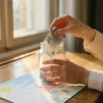 Hände legen einen gefalteten Euroschein in ein transparentes Spendengl as auf einem Holztisch, darunter eine Kinderzeichnung.