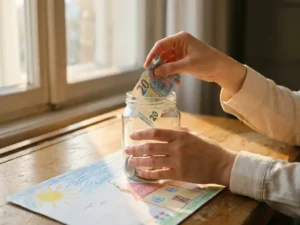 Hände legen einen gefalteten Euroschein in ein transparentes Spendengl as auf einem Holztisch, darunter eine Kinderzeichnung.