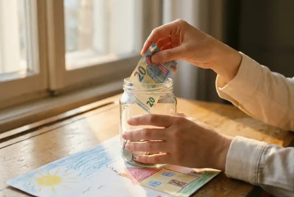 Hände legen einen gefalteten Euroschein in ein transparentes Spendengl as auf einem Holztisch, darunter eine Kinderzeichnung.