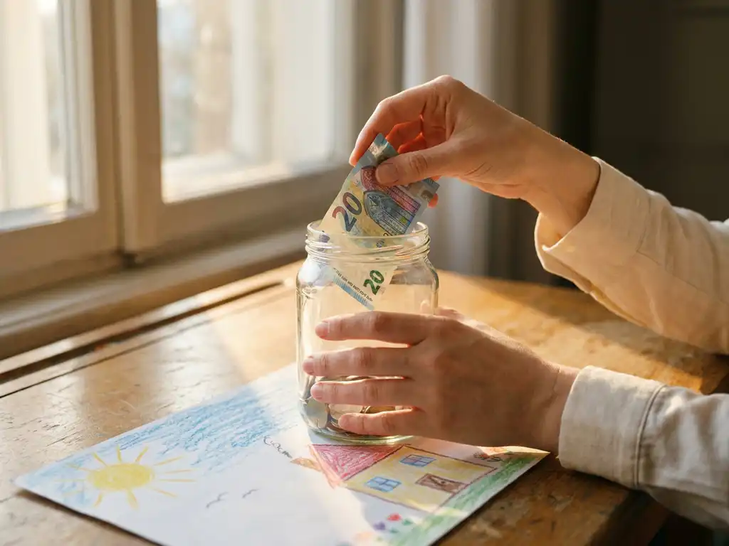 Hände legen einen gefalteten Euroschein in ein transparentes Spendengl as auf einem Holztisch, darunter eine Kinderzeichnung.