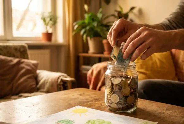 Hände legen gefaltete Euroscheine in ein Glasgefäß mit Münzen neben einer Kinderzeichnung auf einem Holztisch.