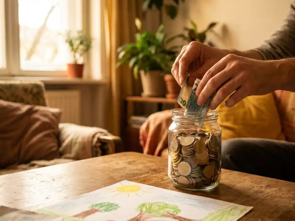 Hände legen gefaltete Euroscheine in ein Glasgefäß mit Münzen neben einer Kinderzeichnung auf einem Holztisch.
