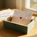 Versiegelter weißer Umschlag mit handgezeichnetem Herz in einer Spendenbox, warmes Nachmittagslicht auf Holztisch, Kinderzeichnung im Hintergrund.