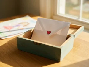 Versiegelter weißer Umschlag mit handgezeichnetem Herz in einer Spendenbox, warmes Nachmittagslicht auf Holztisch, Kinderzeichnung im Hintergrund.