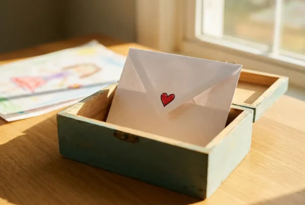 Versiegelter weißer Umschlag mit handgezeichnetem Herz in einer Spendenbox, warmes Nachmittagslicht auf Holztisch, Kinderzeichnung im Hintergrund.