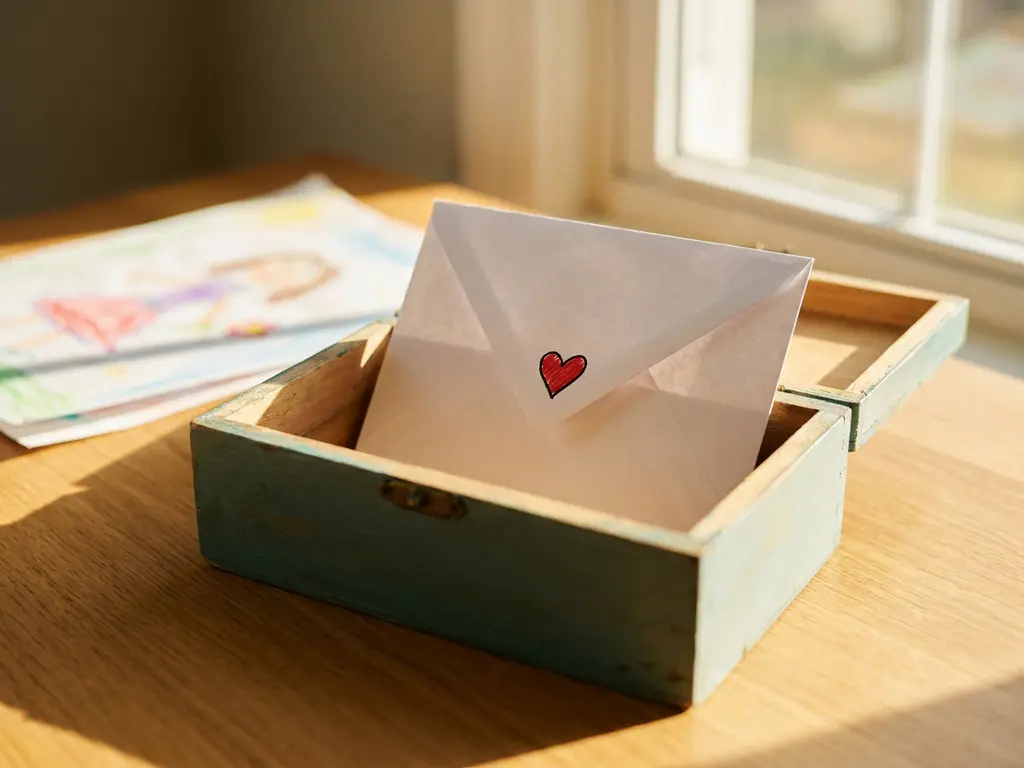 Versiegelter weißer Umschlag mit handgezeichnetem Herz in einer Spendenbox, warmes Nachmittagslicht auf Holztisch, Kinderzeichnung im Hintergrund.