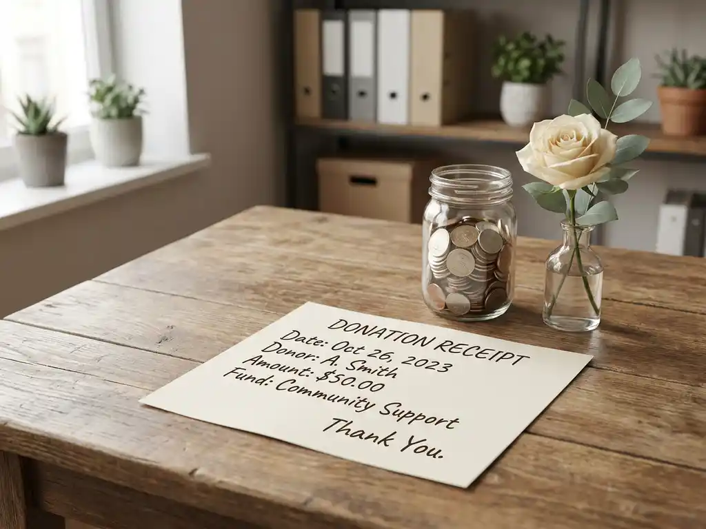Ausgefüllte Spendenquittung auf Holztisch neben Münzglas und frischer Blume im warmen Fensterlicht.