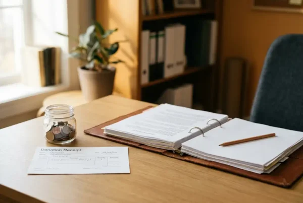 Spendenquittung und Münzglas auf einem ordentlichen Holzschreibtisch im Nonprofit-Büro mit aufgeschlagenem Ordner und Bleistift.