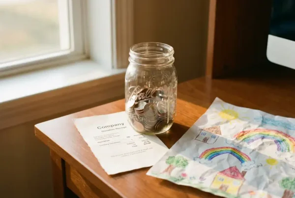 Spendenquittung und münzgefülltes Glasgefäß auf Holztisch neben bunter Kinderzeichnung im warmen Nachmittagslicht.