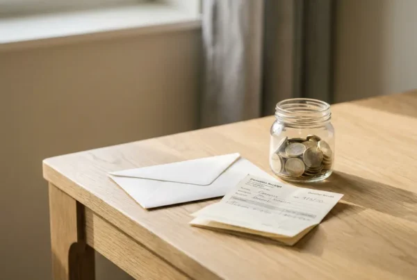 Versiegelter weißer Briefumschlag und Spendenquittung auf Eichentisch neben Glasgefäß mit Euromünzen im warmen Nachmittagslicht.