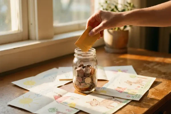Hand legt Spendenumschlag in Glasgefäß mit Münzen, umgeben von bunten Kinderzeichnungen auf Holztisch im warmen Nachmittagslicht.