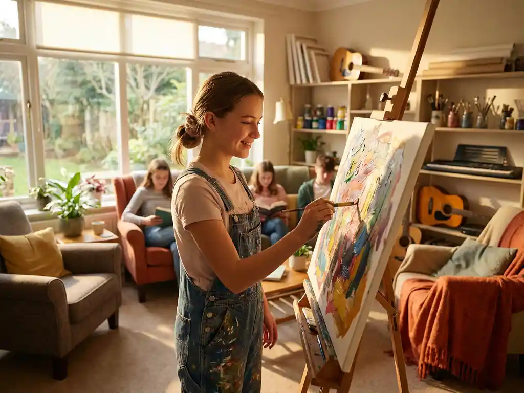 Jugendliche Mädchen malt mit lebendigen Farben an Staffelei in hellem Wohnzimmer eines Gruppenheims, umgeben von Kunstmaterialien und Musikinstrumenten