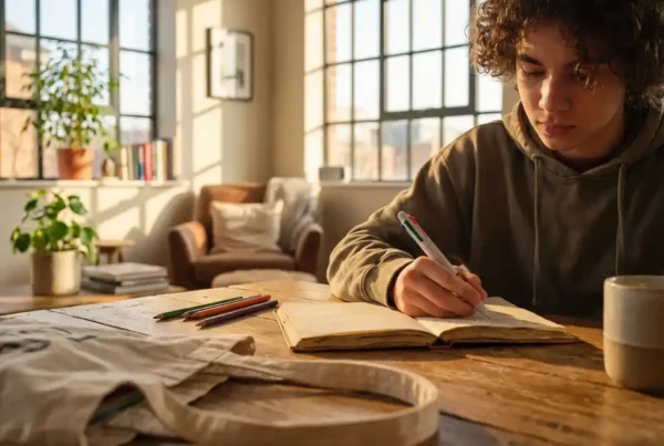 Nachdenklicher Teenager schreibt mit buntem Stift in offenes Tagebuch am Holztisch in sonnendurchfluteter moderner Küche