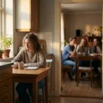 Teenager sitzt friedlich in ihrer Apartment-Küche bei Sonnenlicht, während Mitbewohner im Hintergrund im Wohnzimmer versammelt sind