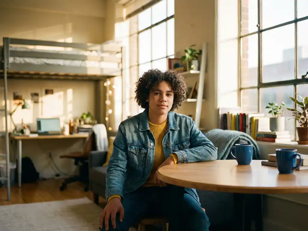 Teenager sitzt selbstbewusst am Küchentisch in hellem Studio-Apartment mit natürlichem Sonnenlicht durch große Fenster