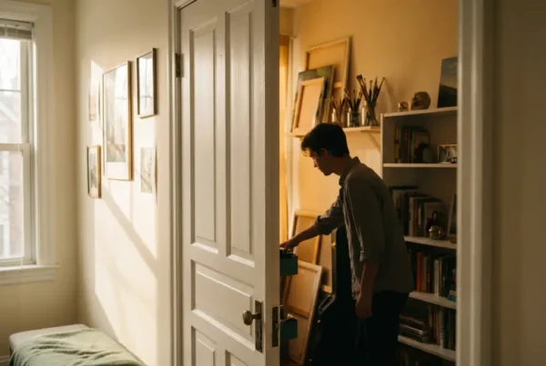 Teenager-Schlafzimmertür steht angelehnt offen, warmes Licht enthüllt Kunstmaterial und Musikinstrumente, Silhouette ordnet Gegenstände