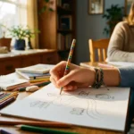 Teenager zeichnet mit buntstift seinen zukunftsweg auf weißes papier bei warmem tageslicht am schreibtisch