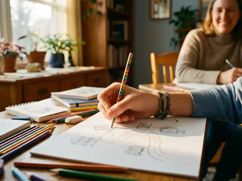Teenager zeichnet mit buntstift seinen zukunftsweg auf weißes papier bei warmem tageslicht am schreibtisch