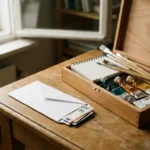 Weißer Umschlag mit Euro-Scheinen neben Kunstbedarf – Pinsel, Skizzenbuch und Farbtuben – auf einem Eichentisch im natürlichen Fensterlicht.