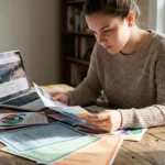 Junger Erwachsener studiert bunte Bildungsbroschüren und Zertifikate am Holztisch mit Laptop für Online-Kurse