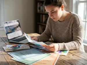 Junger Erwachsener studiert bunte Bildungsbroschüren und Zertifikate am Holztisch mit Laptop für Online-Kurse