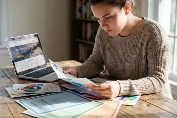 Junger Erwachsener studiert bunte Bildungsbroschüren und Zertifikate am Holztisch mit Laptop für Online-Kurse
