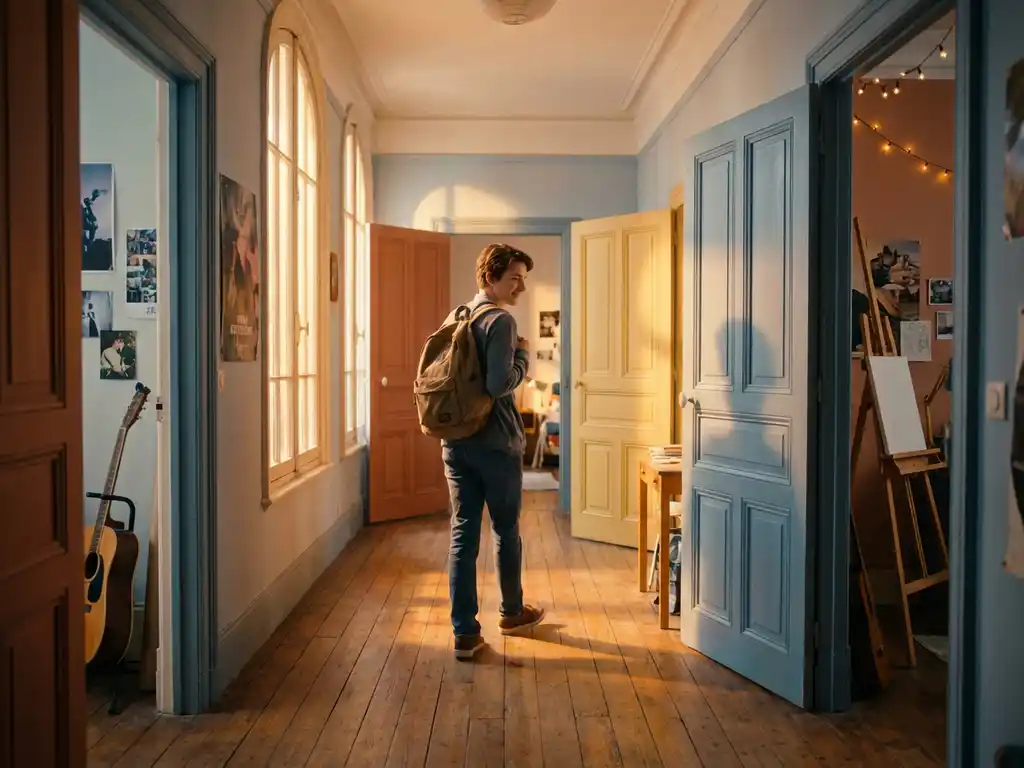 Jugendlicher mit Rucksack geht selbstbewusst durch sonnigen Wohnheimflur mit bunten Türen zu personalisierten Zimmern